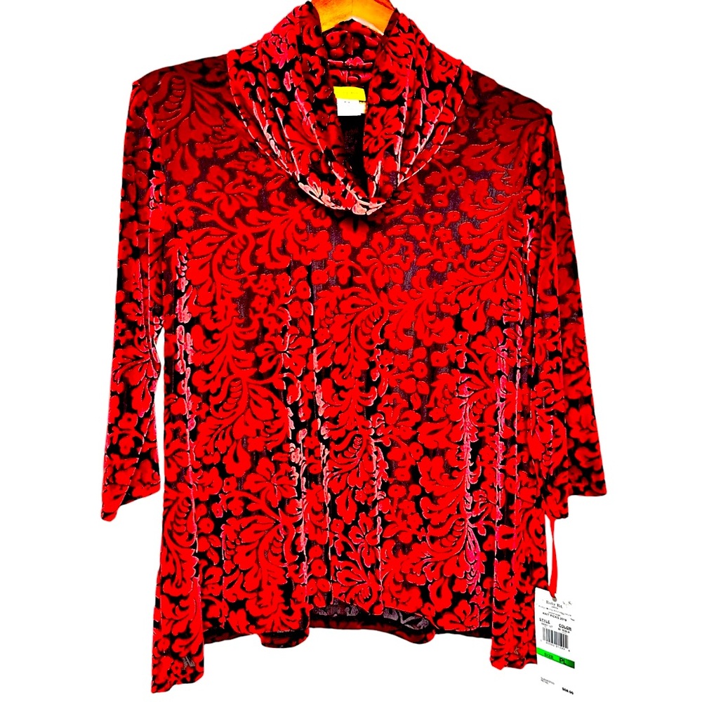 NWT Velvet Burnout Top Red Black Semi Sheer‎ Cowl Neck Women's Sz PL by Ruby Rd.